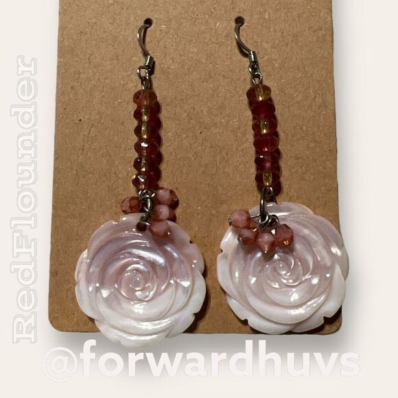 Exquisite Silvertone Dangle Earrings | Carved Rose Mother of Pearl | Flower Them - Picture 3 of 8